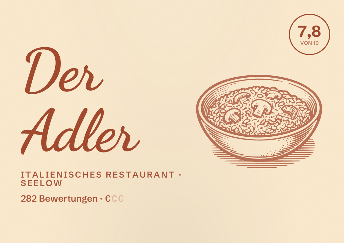 Illustriertes Poster von Der Adler, Italienisches Restaurant in Seelow: Bewertung 7,8 von 10 aus 282 Bewertungen, Preisniveau €