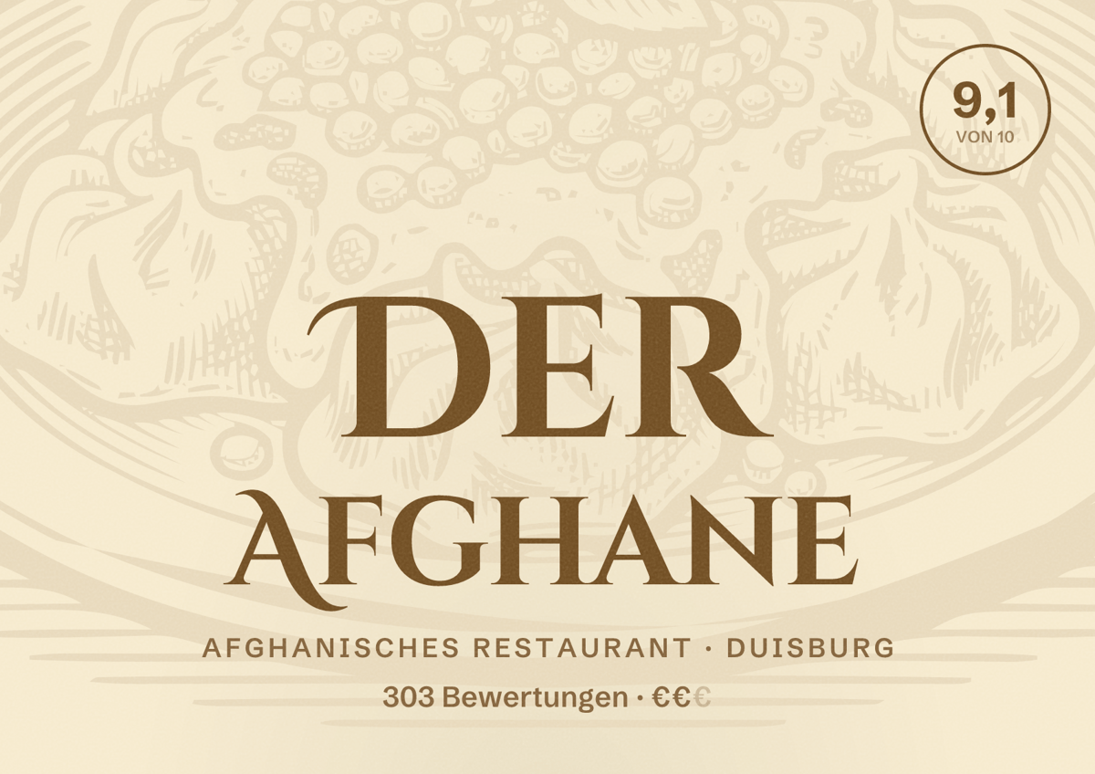 Illustriertes Poster von Der Afghane, Afghanisches Restaurant in Duisburg: Bewertung 9,1 von 10 aus 303 Bewertungen, Preisniveau €€