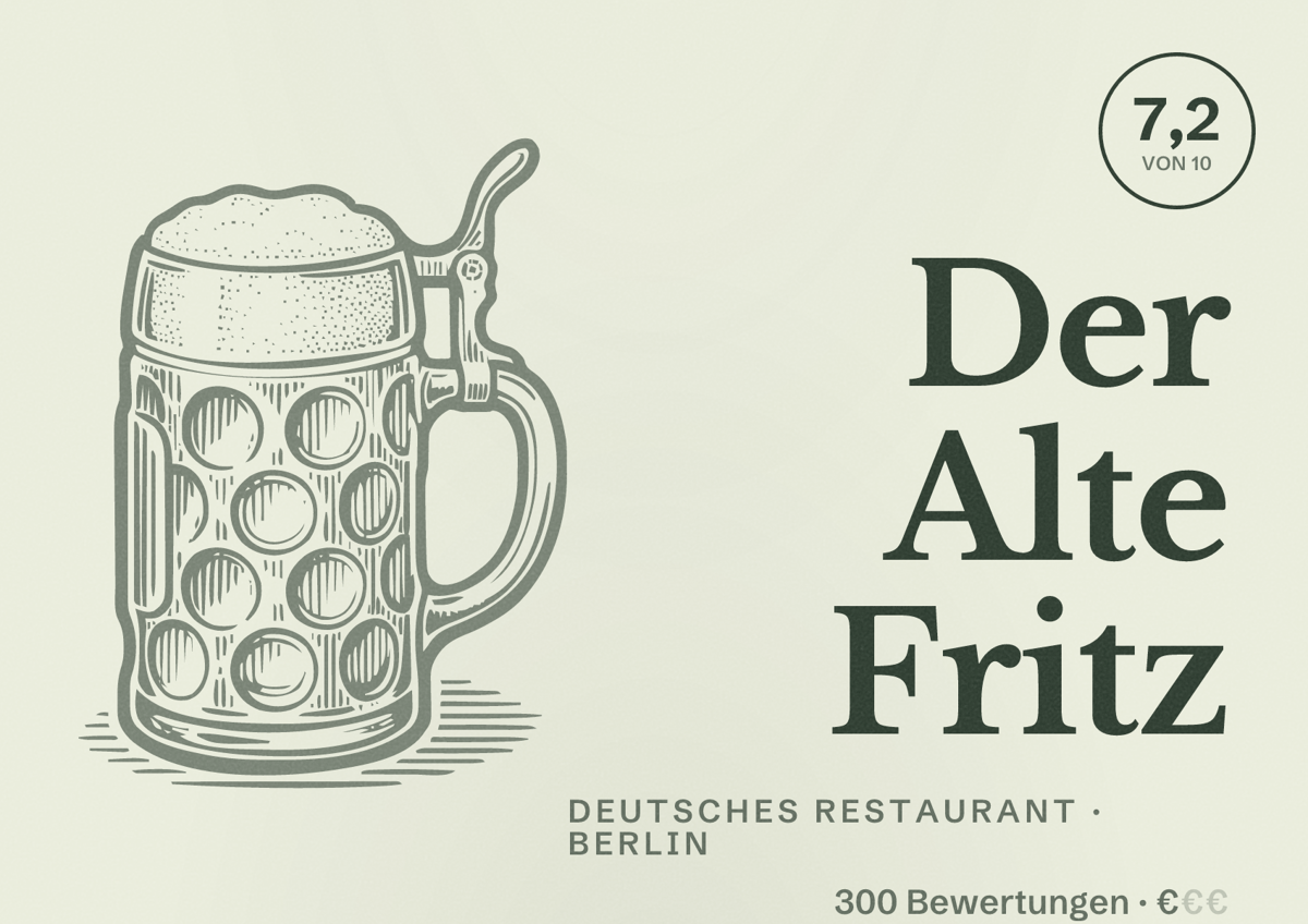 Illustriertes Poster von Der Alte Fritz, Deutsches Restaurant in Berlin: Bewertung 7,2 von 10 aus 300 Bewertungen, Preisniveau €