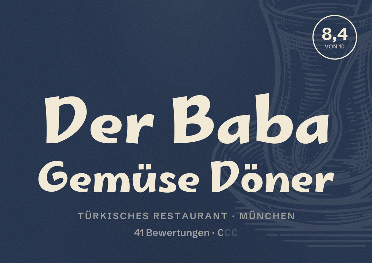Illustriertes Poster von Der Baba Gemüse Döner, Türkisches Restaurant in München: Bewertung 8,4 von 10 aus 41 Bewertungen, Preisniveau €