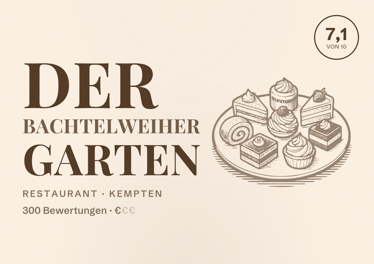 Illustriertes Poster von Der Bachtelweiher Garten, Restaurant in Kempten: Bewertung 7,1 von 10 aus 300 Bewertungen, Preisniveau €