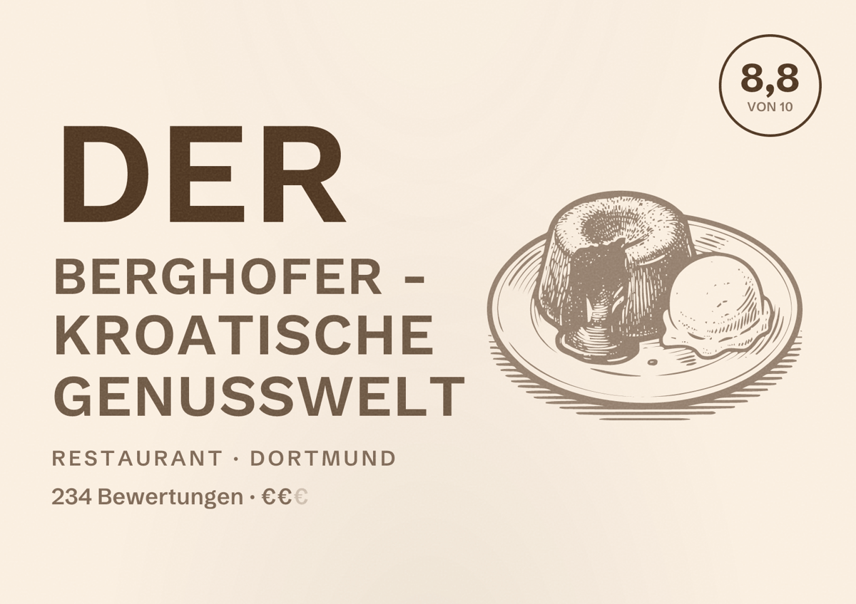 Illustriertes Poster von Der Berghofer - Kroatische Genusswelt, Restaurant in Dortmund: Bewertung 8,8 von 10 aus 234 Bewertungen, Preisniveau €€