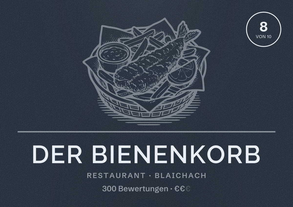 Illustriertes Poster von Der Bienenkorb, Restaurant in Blaichach: Bewertung 8 von 10 aus 300 Bewertungen, Preisniveau €€
