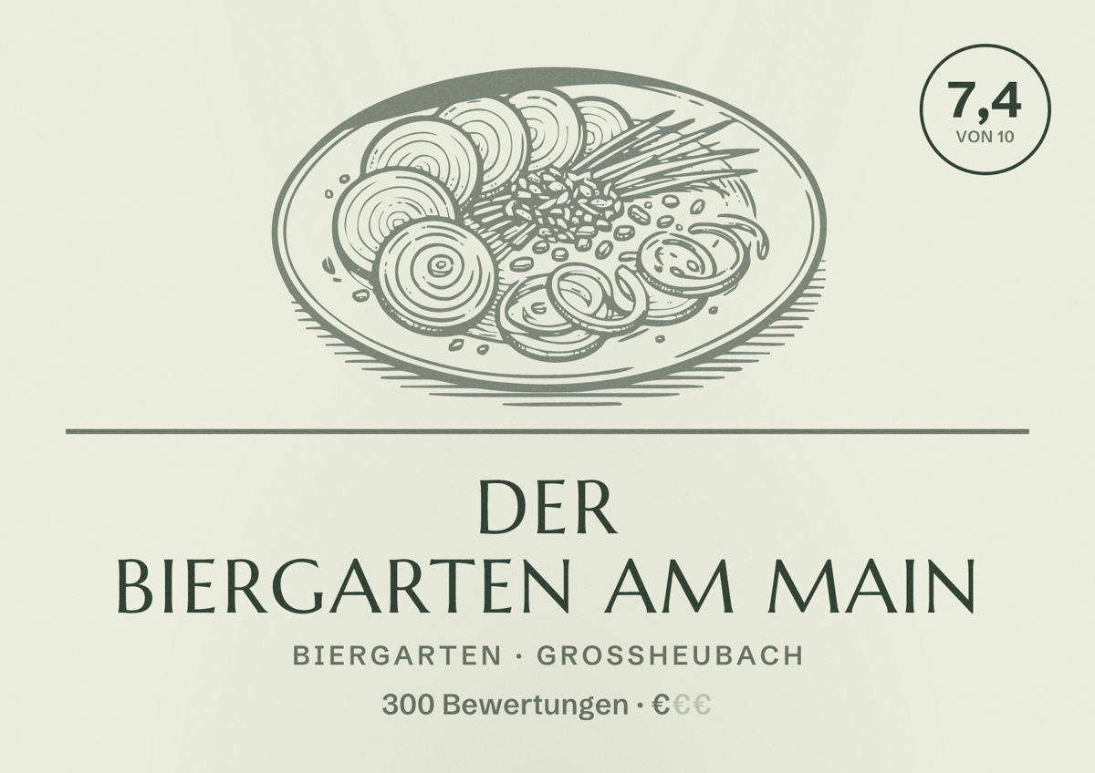 Illustriertes Poster von Der Biergarten am Main, Biergarten in Großheubach: Bewertung 7,4 von 10 aus 300 Bewertungen, Preisniveau €