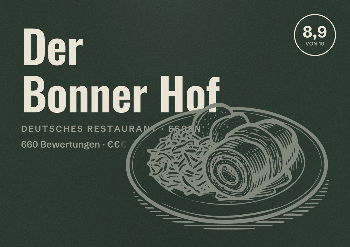 Illustriertes Poster von Der Bonner Hof, Deutsches Restaurant in Essen: Gästebewertung 8,9 von 10 aus 660 Bewertungen