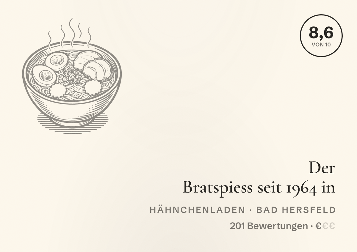Illustriertes Poster von Der Bratspiess seit 1964 in, Hähnchenladen in Bad Hersfeld: Bewertung 8,6 von 10 aus 201 Bewertungen, Preisniveau €