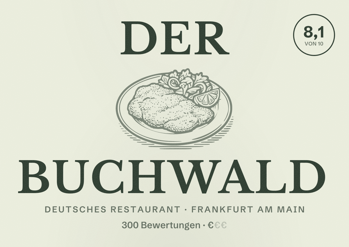 Illustriertes Poster von Der Buchwald, Deutsches Restaurant in Frankfurt am Main: Bewertung 8,1 von 10 aus 300 Bewertungen, Preisniveau €