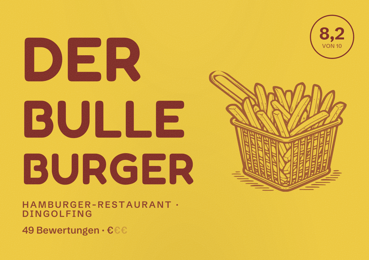Illustriertes Poster von Der Bulle Burger, Hamburger-Restaurant in Dingolfing: Bewertung 8,2 von 10 aus 49 Bewertungen, Preisniveau €