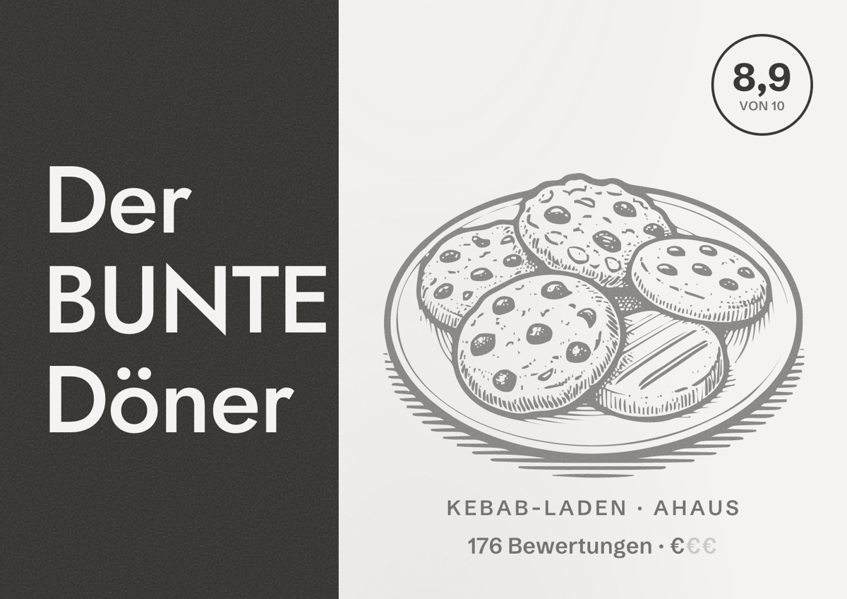 Illustriertes Poster von Der BUNTE Döner, Kebab-Laden in Ahaus: Bewertung 8,9 von 10 aus 176 Bewertungen, Preisniveau €