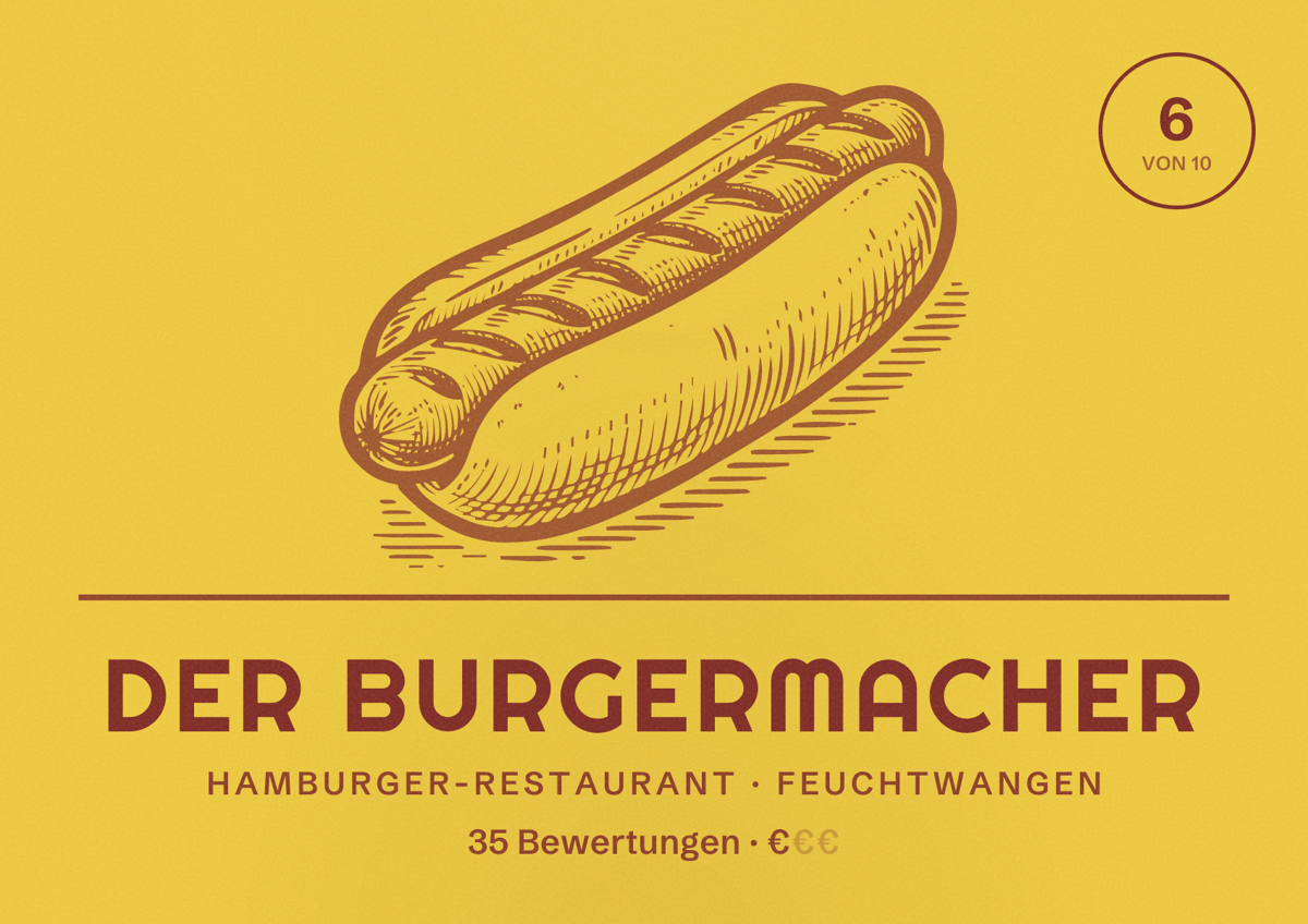 Illustriertes Poster von Der Burgermacher, Hamburger-Restaurant in Feuchtwangen: Bewertung 6 von 10 aus 35 Bewertungen, Preisniveau €