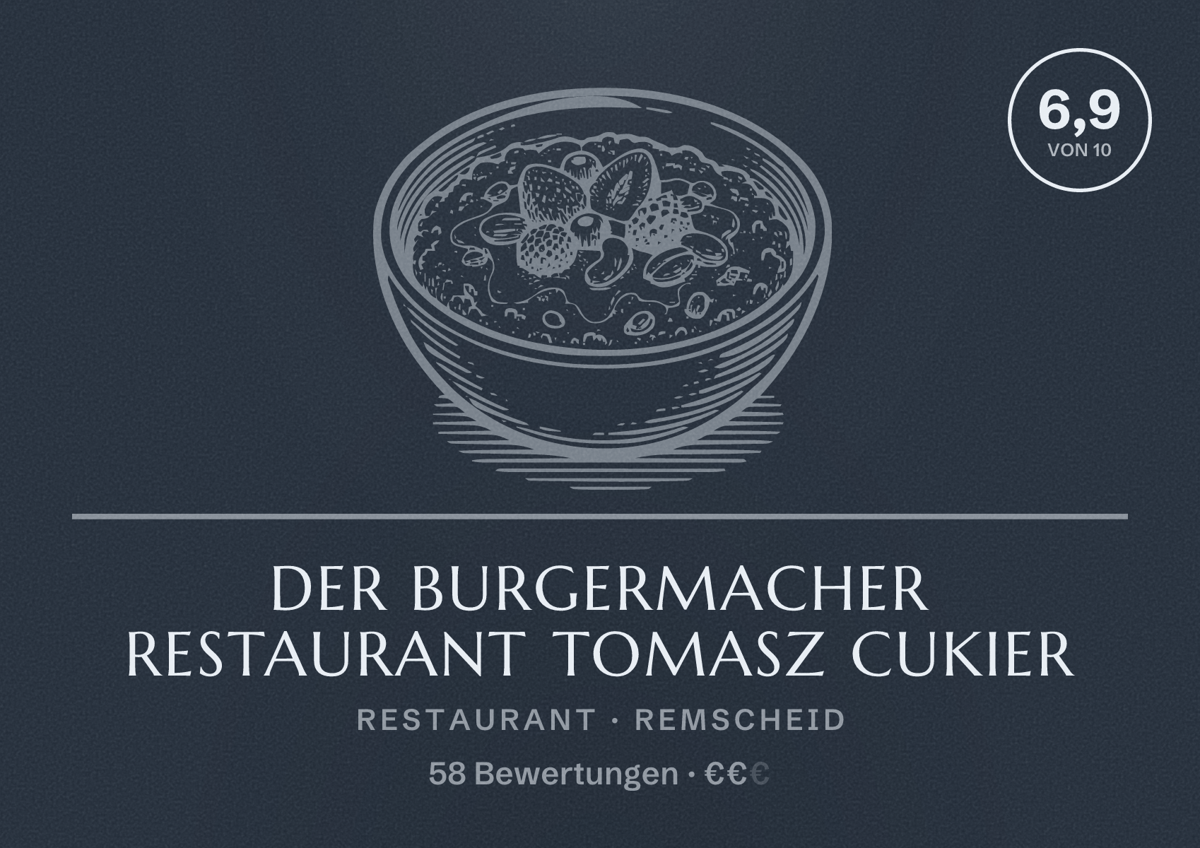 Illustriertes Poster von Der Burgermacher Restaurant Tomasz Cukier, Restaurant in Remscheid: Bewertung 6,9 von 10 aus 58 Bewertungen, Preisniveau €€
