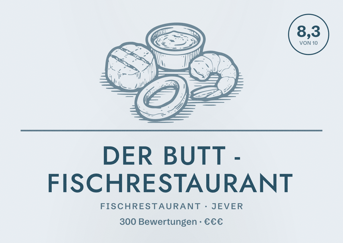 Illustriertes Poster von Der Butt - Fischrestaurant, Fischrestaurant in Jever: Bewertung 8,3 von 10 aus 300 Bewertungen, Preisniveau €€€
