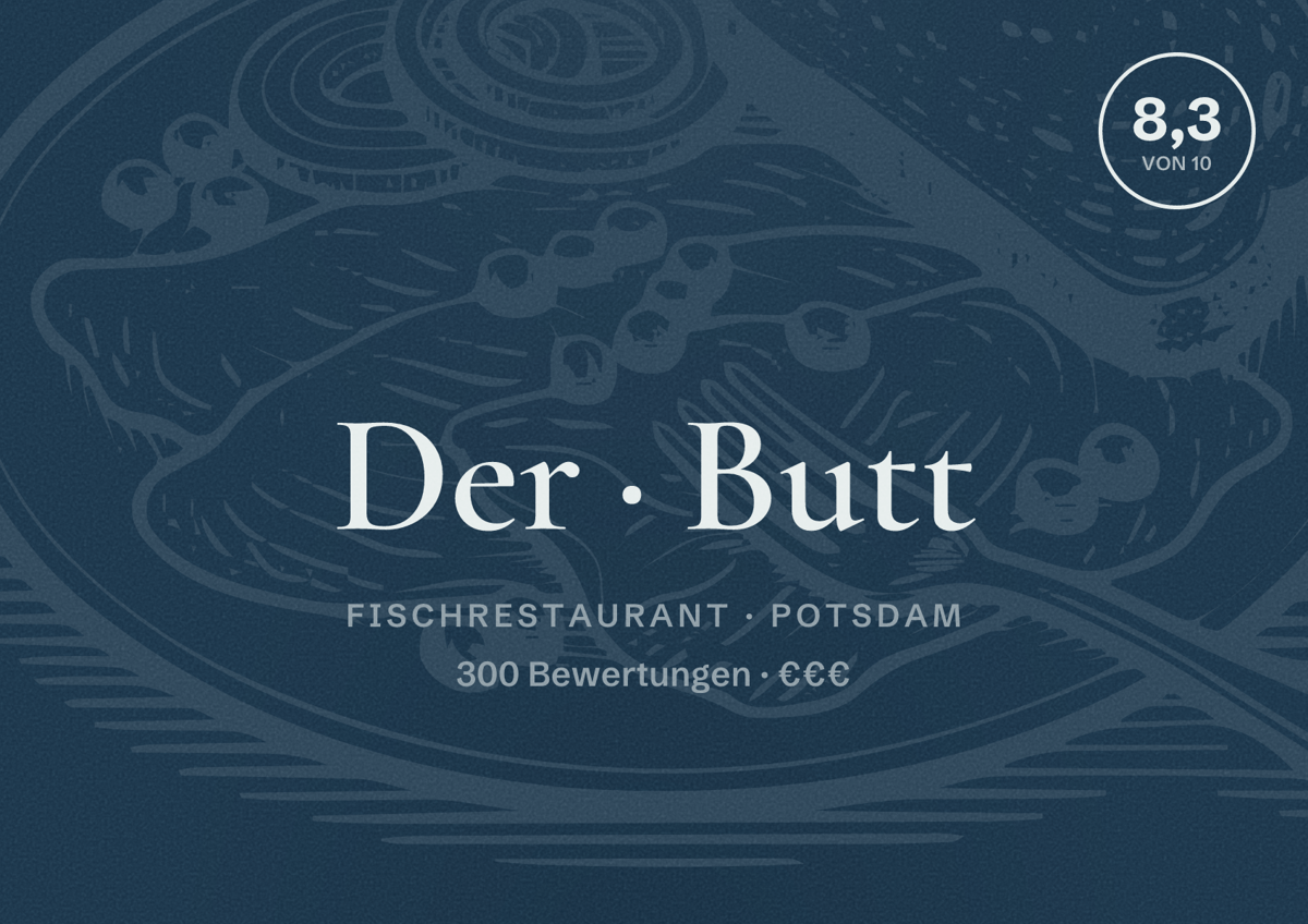 Illustriertes Poster von Der Butt, Fischrestaurant in Potsdam: Bewertung 8,3 von 10 aus 300 Bewertungen, Preisniveau €€€