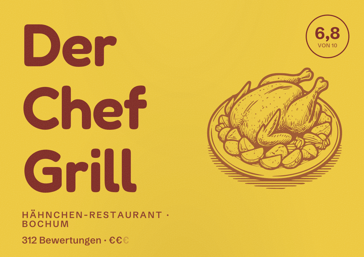 Illustriertes Poster von Der Chef Grill, Hähnchen-Restaurant in Bochum: Bewertung 6,8 von 10 aus 312 Bewertungen, Preisniveau €€