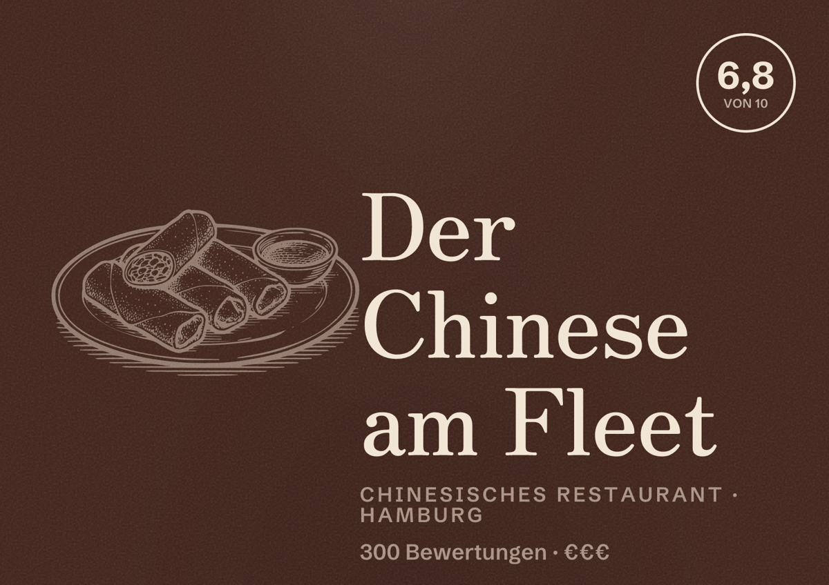 Illustriertes Poster von Der Chinese am Fleet, Chinesisches Restaurant in Hamburg: Bewertung 6,8 von 10 aus 300 Bewertungen, Preisniveau €€€