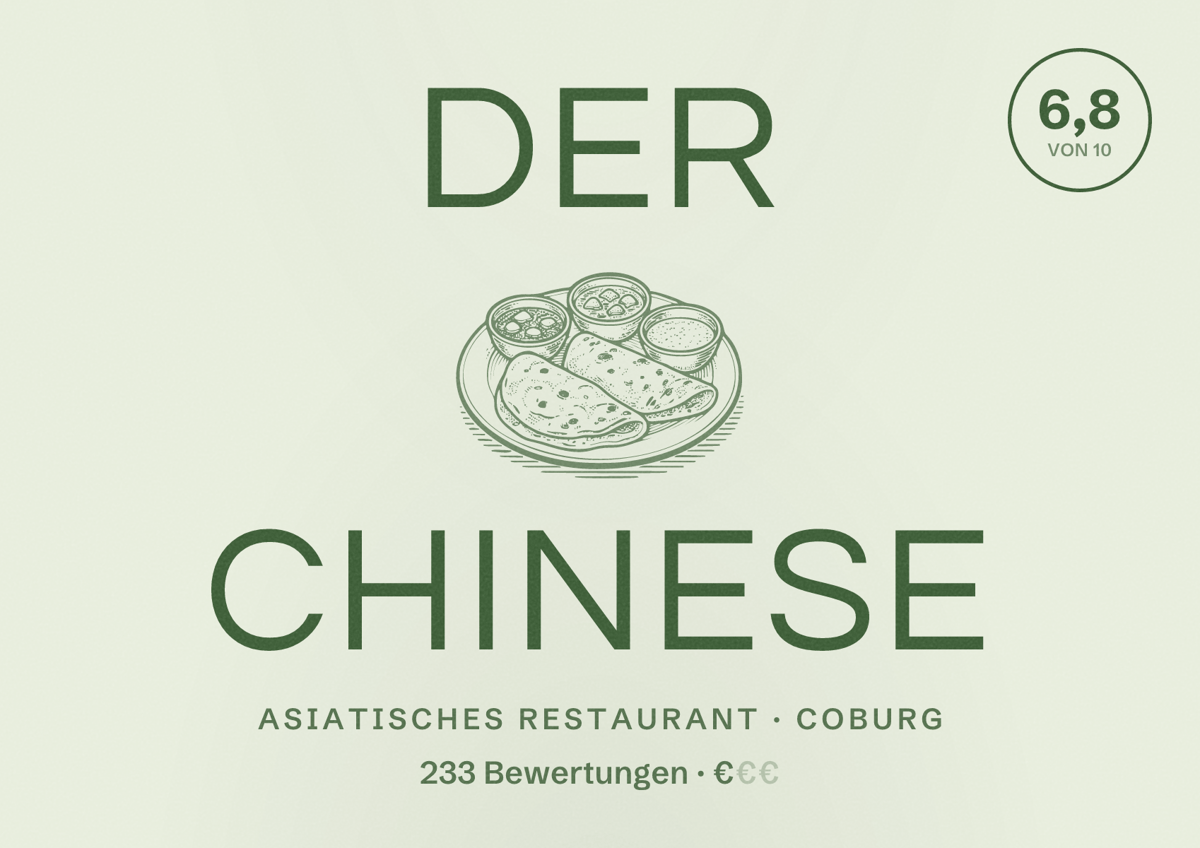 Illustriertes Poster von Der Chinese, Asiatisches Restaurant in Coburg: Bewertung 6,8 von 10 aus 233 Bewertungen, Preisniveau €