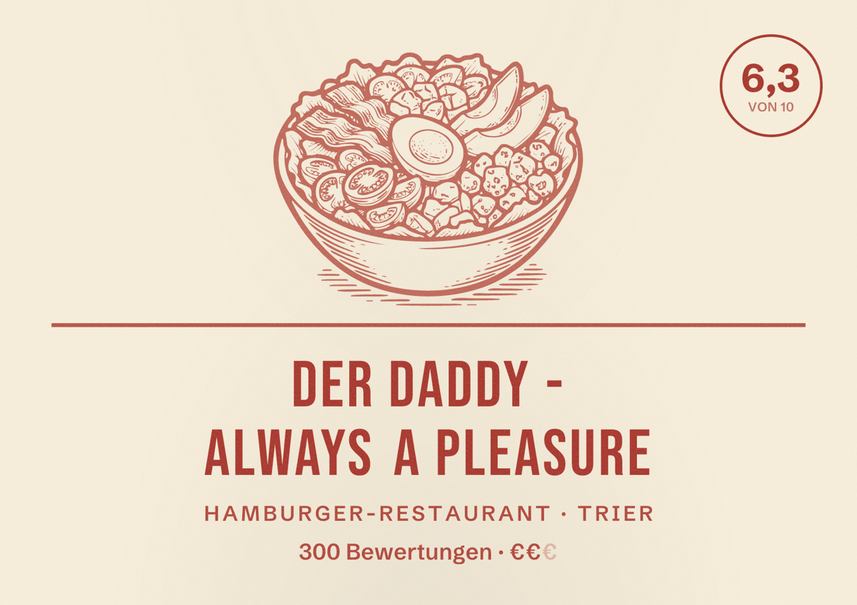 Illustriertes Poster von Der Daddy - Always a Pleasure, Hamburger-Restaurant in Trier: Bewertung 6,3 von 10 aus 300 Bewertungen, Preisniveau €€