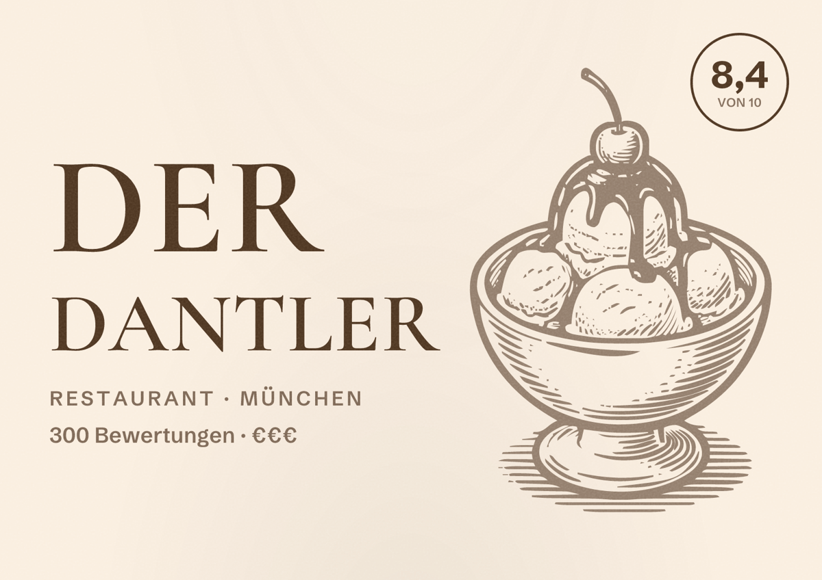 Illustriertes Poster von Der Dantler, Restaurant in München: Bewertung 8,4 von 10 aus 300 Bewertungen, Preisniveau €€€