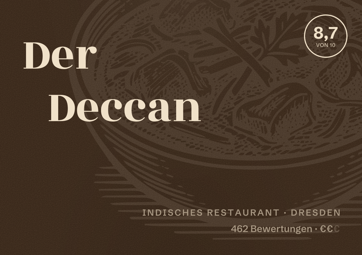Illustriertes Poster von Der Deccan, Indisches Restaurant in Dresden: Bewertung 8,7 von 10 aus 462 Bewertungen, Preisniveau €€