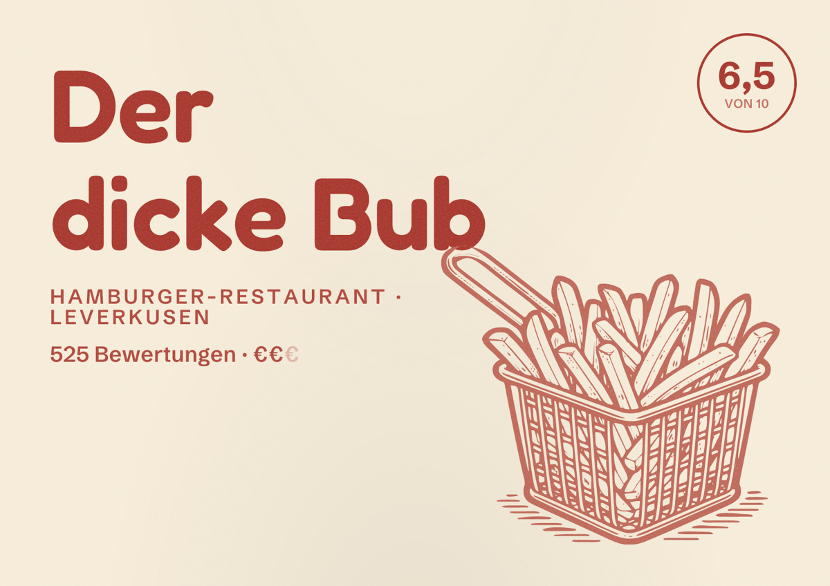 Illustriertes Poster von Der dicke Bub, Hamburger-Restaurant in Leverkusen: Bewertung 6,5 von 10 aus 525 Bewertungen, Preisniveau €€