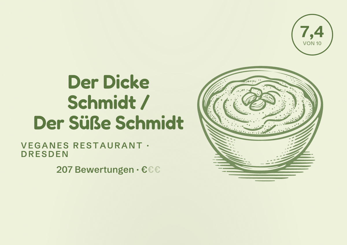Illustriertes Poster von Der Dicke Schmidt / Der Süße Schmidt, Veganes Restaurant in Dresden: Bewertung 7,4 von 10 aus 207 Bewertungen, Preisniveau €