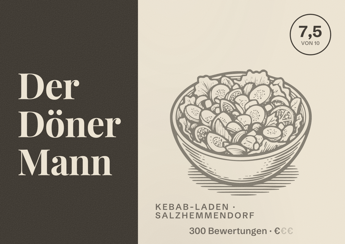 Illustriertes Poster von Der Döner Mann, Kebab-Laden in Salzhemmendorf: Bewertung 7,5 von 10 aus 300 Bewertungen, Preisniveau €