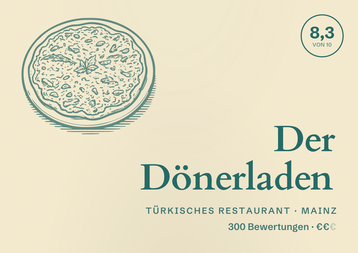 Illustriertes Poster von Der Dönerladen, Türkisches Restaurant in Mainz: Bewertung 8,3 von 10 aus 300 Bewertungen, Preisniveau €€