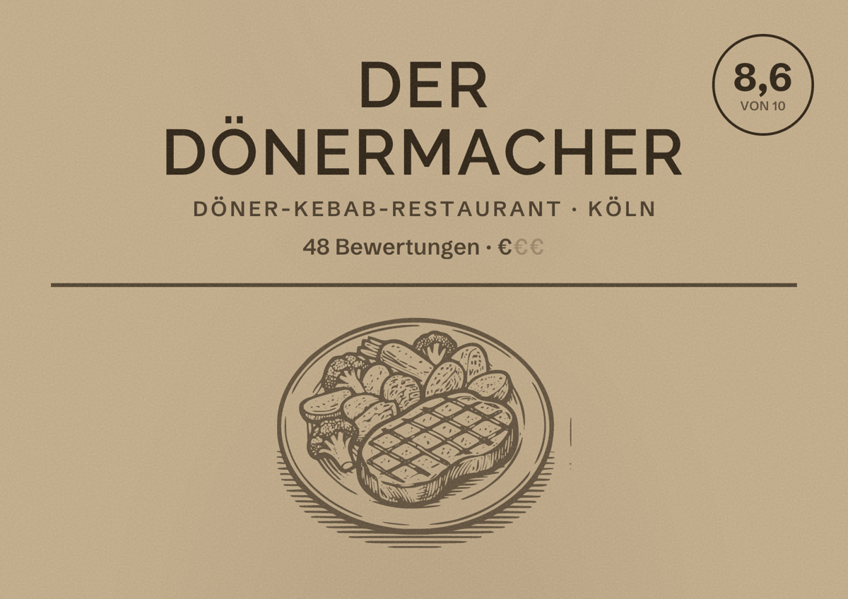 Illustriertes Poster von Der Dönermacher, Döner-Kebab-Restaurant in Köln: Bewertung 8,6 von 10 aus 48 Bewertungen, Preisniveau €