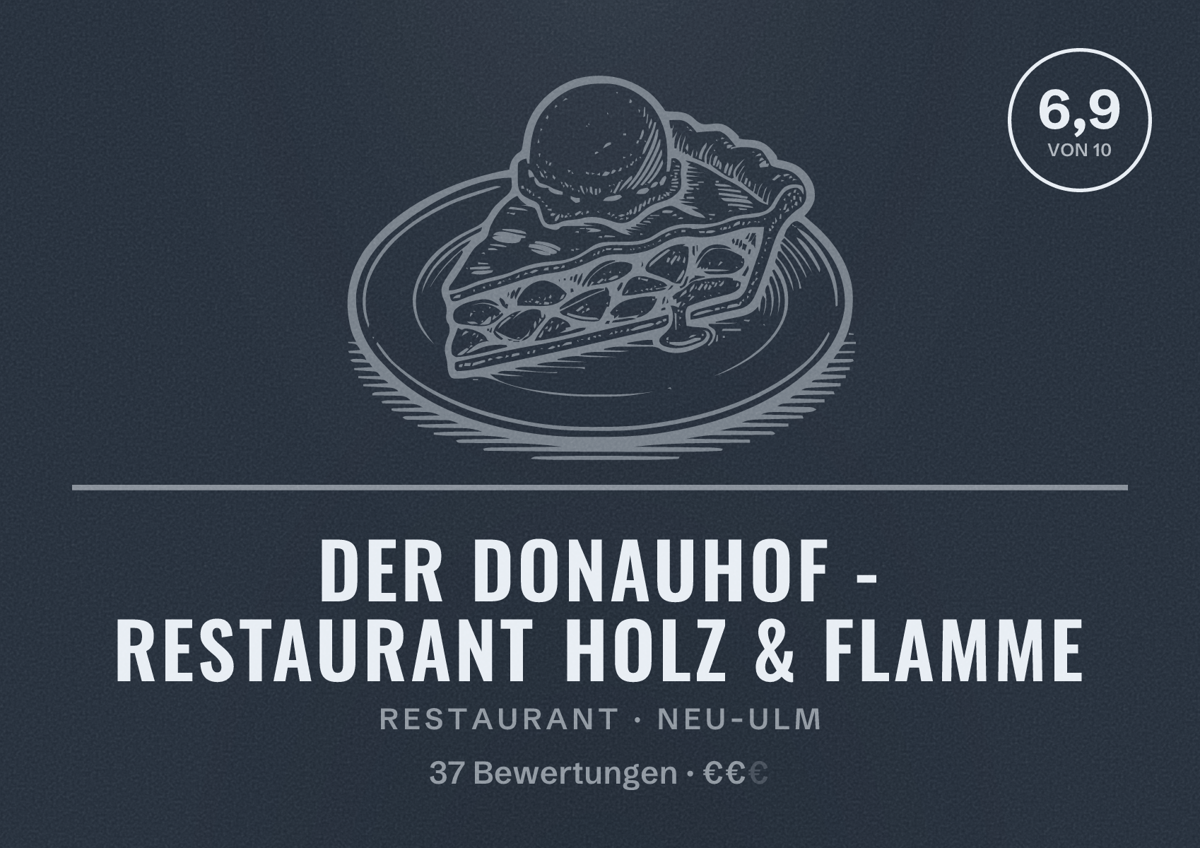 Illustriertes Poster von Der Donauhof - Restaurant Holz & Flamme, Restaurant in Neu-Ulm: Bewertung 6,9 von 10 aus 37 Bewertungen, Preisniveau €€
