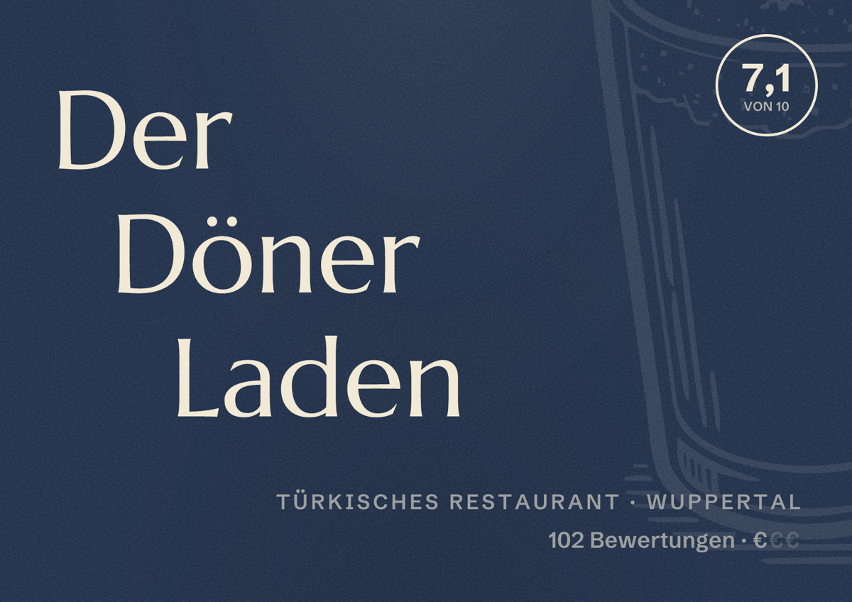 Illustriertes Poster von Der Döner Laden, Türkisches Restaurant in Wuppertal: Bewertung 7,1 von 10 aus 102 Bewertungen, Preisniveau €