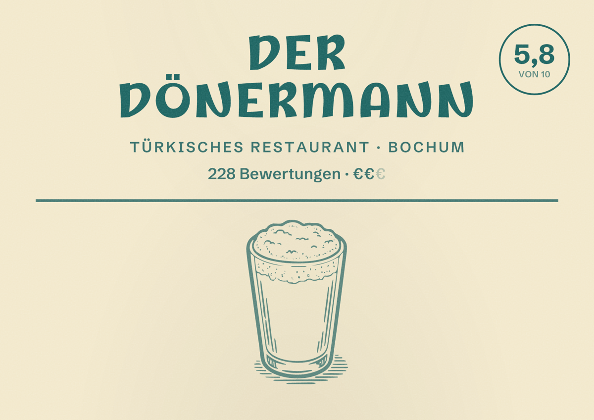 Illustriertes Poster von Der Dönermann, Türkisches Restaurant in Bochum: Gästebewertung 5,8 von 10 aus 228 Bewertungen