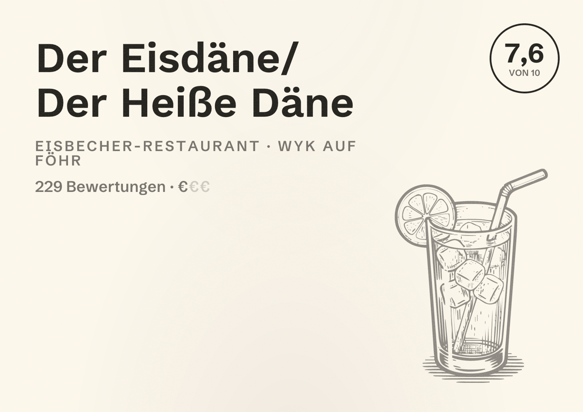 Illustriertes Poster von Der Eisdäne/ Der Heiße Däne, Eisbecher-Restaurant in Wyk auf Föhr: Bewertung 7,6 von 10 aus 229 Bewertungen, Preisniveau €