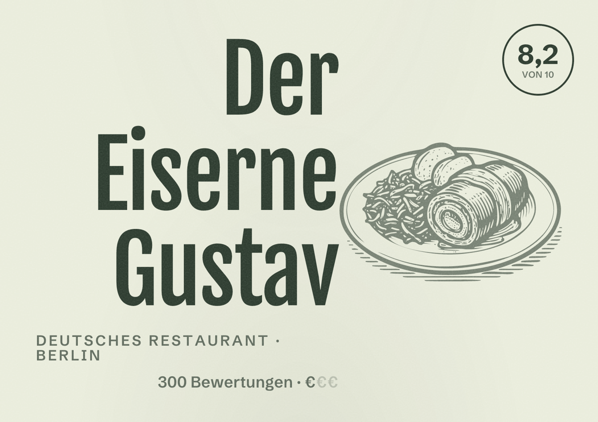 Illustriertes Poster von Der Eiserne Gustav, Deutsches Restaurant in Berlin: Bewertung 8,2 von 10 aus 300 Bewertungen, Preisniveau €