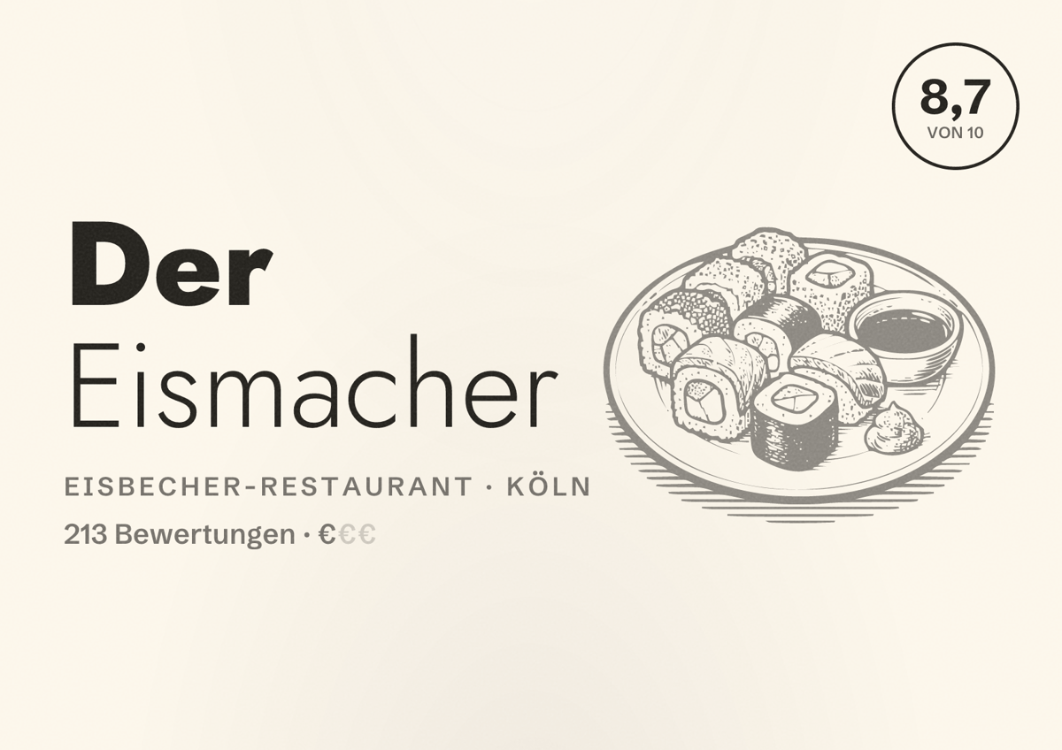 Illustriertes Poster von Der Eismacher, Eisbecher-Restaurant in Köln: Bewertung 8,7 von 10 aus 213 Bewertungen, Preisniveau €