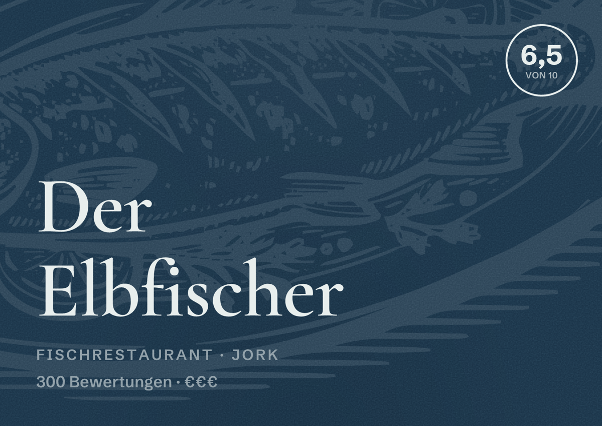 Illustriertes Poster von Der Elbfischer, Fischrestaurant in Jork: Bewertung 6,5 von 10 aus 300 Bewertungen, Preisniveau €€€