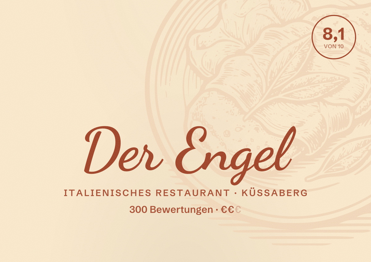 Illustriertes Poster von Der Engel, Italienisches Restaurant in Küssaberg: Bewertung 8,1 von 10 aus 300 Bewertungen, Preisniveau €€
