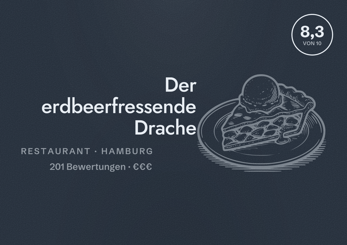 Illustriertes Poster von Der erdbeerfressende Drache, Restaurant in Hamburg: Bewertung 8,3 von 10 aus 201 Bewertungen, Preisniveau €€€