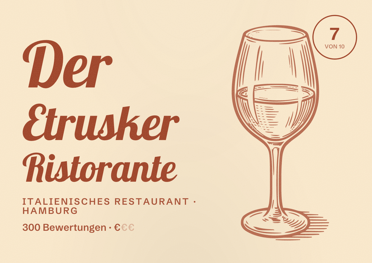 Illustriertes Poster von Der Etrusker Ristorante, Italienisches Restaurant in Hamburg: Bewertung 7,0 von 10 aus 300 Bewertungen, Preisniveau €