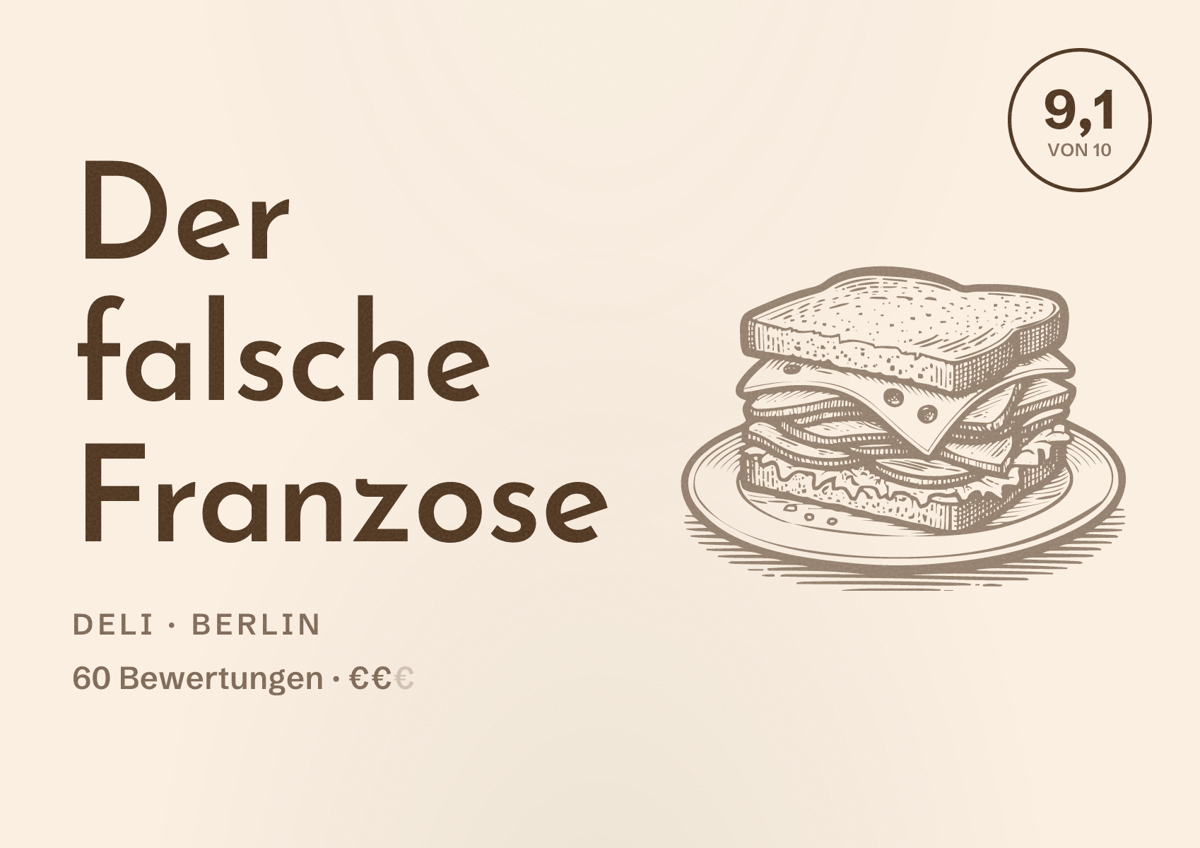 Illustriertes Poster von Der falsche Franzose, Deli in Berlin: Bewertung 9,1 von 10 aus 60 Bewertungen, Preisniveau €€