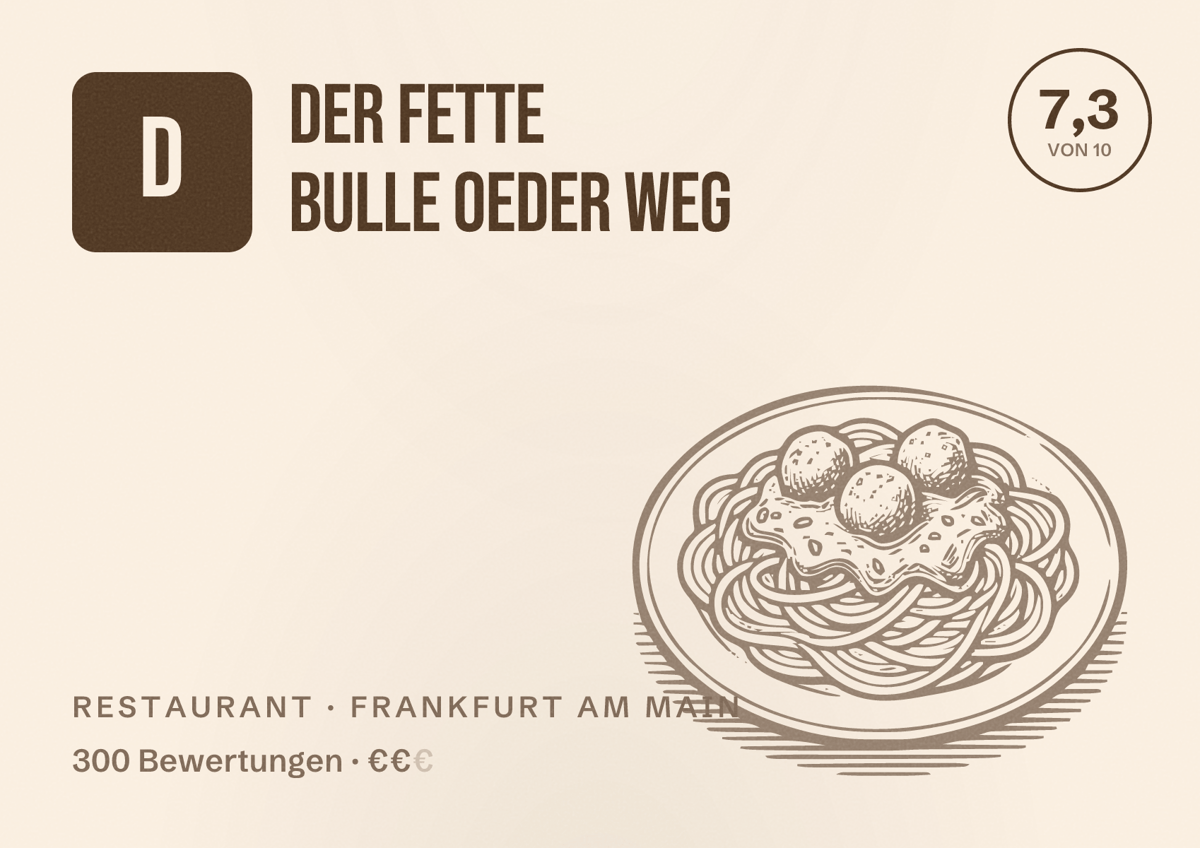 Illustriertes Poster von Der Fette Bulle Oeder Weg, Restaurant in Frankfurt am Main: Bewertung 7,3 von 10 aus 300 Bewertungen, Preisniveau €€