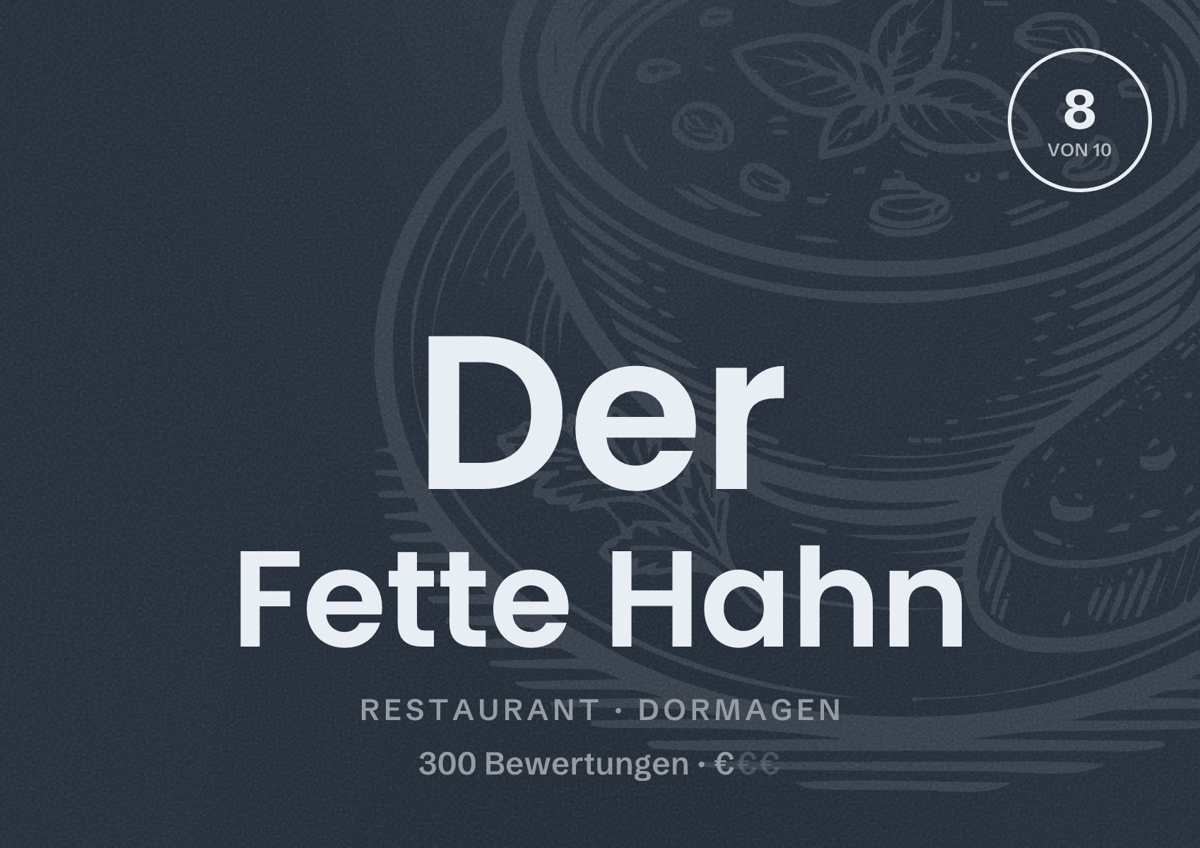 Illustriertes Poster von Der Fette Hahn, Restaurant in Dormagen: Bewertung 8 von 10 aus 300 Bewertungen, Preisniveau €