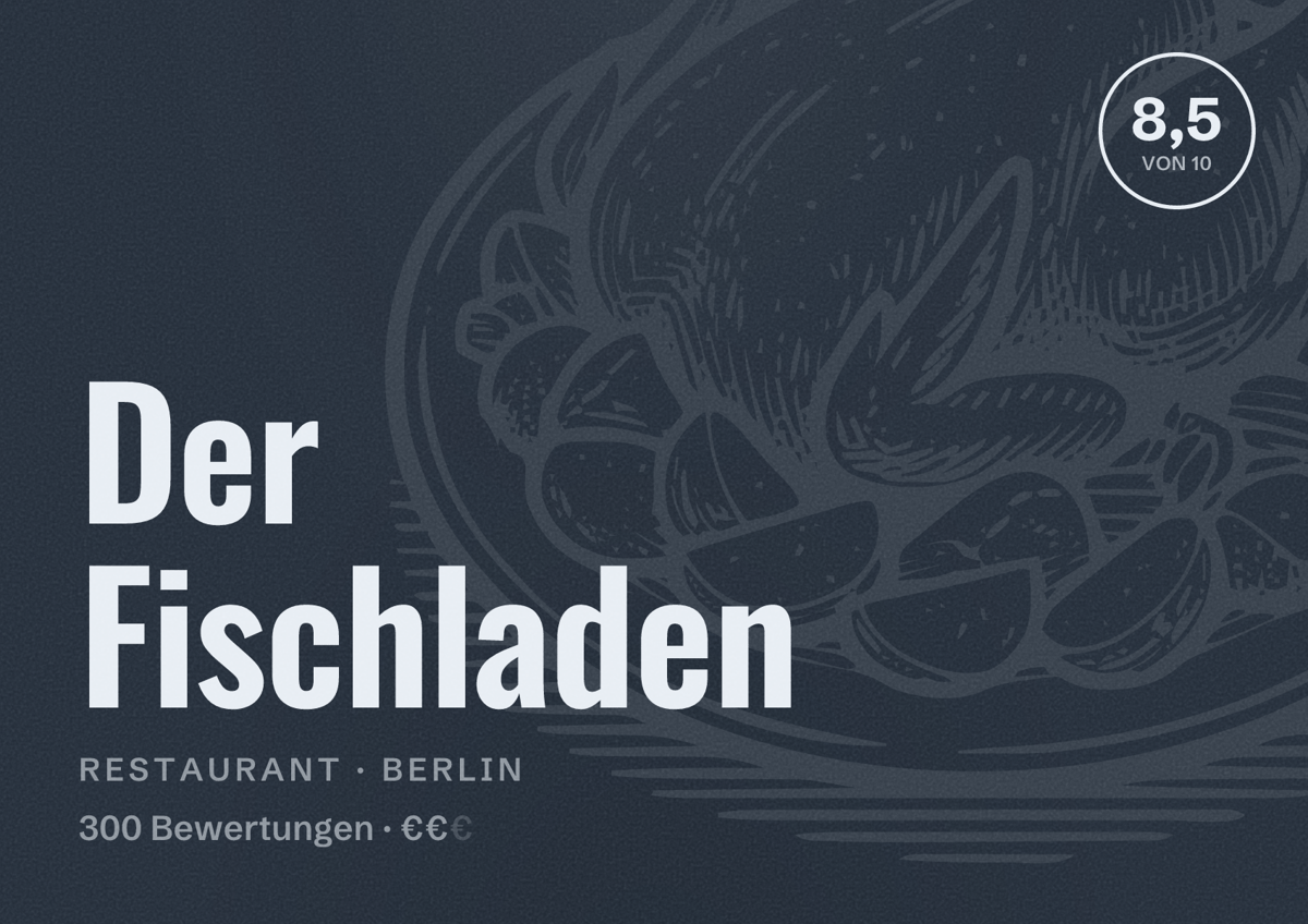 Illustriertes Poster von Der Fischladen, Restaurant in Berlin: Bewertung 8,5 von 10 aus 300 Bewertungen, Preisniveau €€