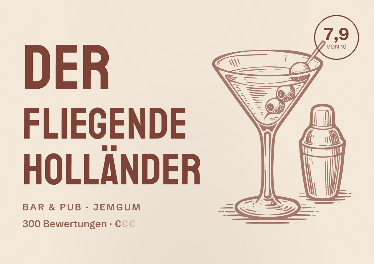 Illustriertes Poster von Der Fliegende Holländer, Bar & Pub in Jemgum: Bewertung 7,9 von 10 aus 300 Bewertungen, Preisniveau €