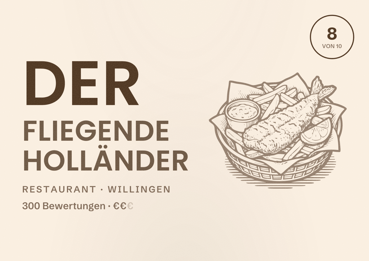 Illustriertes Poster von Der Fliegende Holländer, Restaurant in Willingen: Bewertung 8 von 10 aus 300 Bewertungen, Preisniveau €€