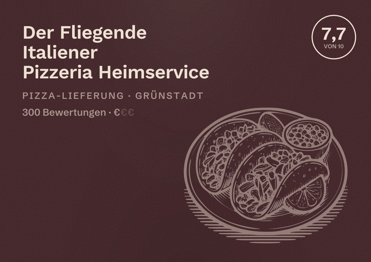 Illustriertes Poster von Der Fliegende Italiener Pizzeria Heimservice, Pizza-Lieferung in Grünstadt: Bewertung 7,7 von 10 aus 300 Bewertungen, Preisniveau €