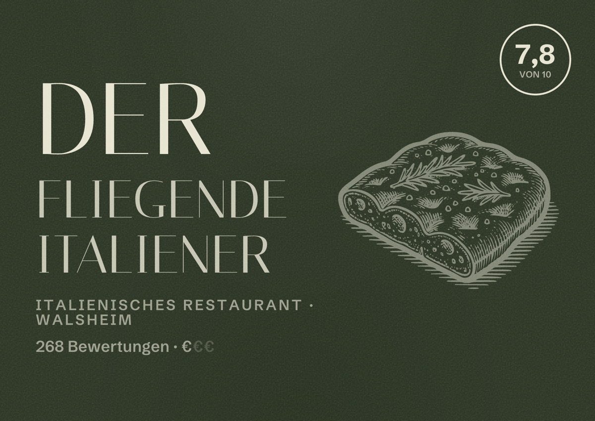 Illustriertes Poster von Der Fliegende Italiener, Italienisches Restaurant in Walsheim: Bewertung 7,8 von 10 aus 268 Bewertungen, Preisniveau €