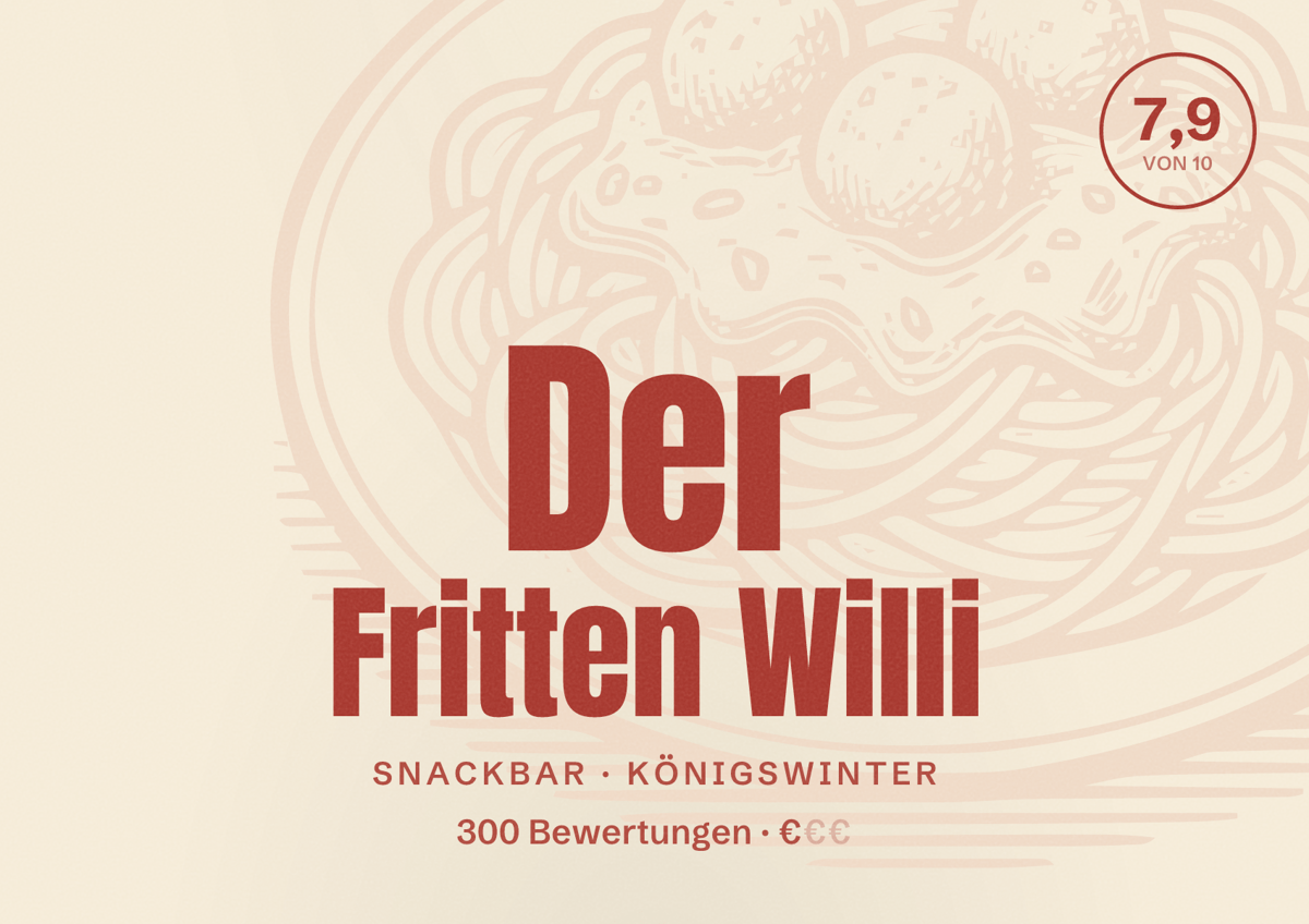 Illustriertes Poster von Der Fritten Willi, Snackbar in Königswinter: Bewertung 7,9 von 10 aus 300 Bewertungen, Preisniveau €