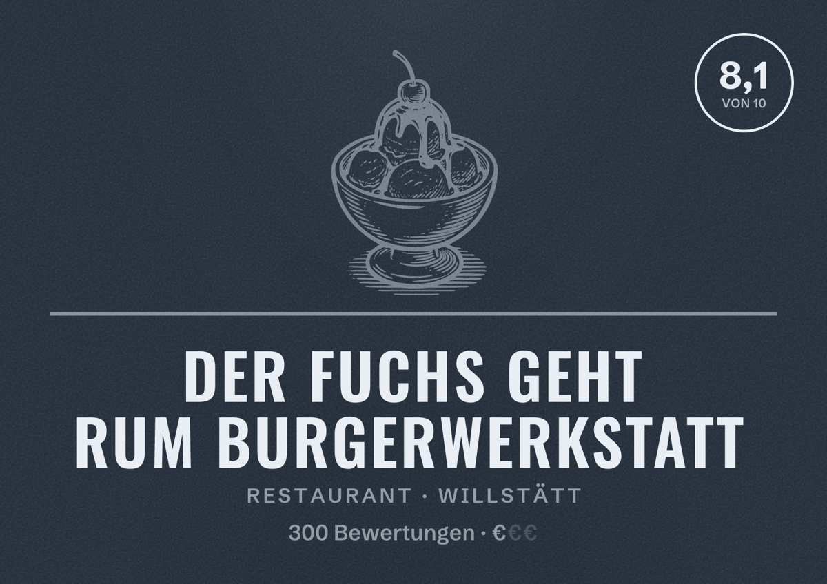 Illustriertes Poster von Der Fuchs geht rum Burgerwerkstatt, Restaurant in Willstätt: Bewertung 8,1 von 10 aus 300 Bewertungen, Preisniveau €