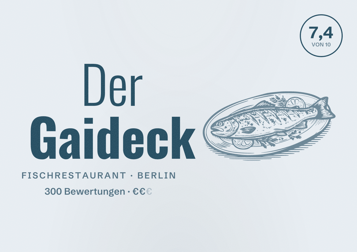 Illustriertes Poster von Der Gaideck, Fischrestaurant in Berlin: Bewertung 7,4 von 10 aus 300 Bewertungen, Preisniveau €€