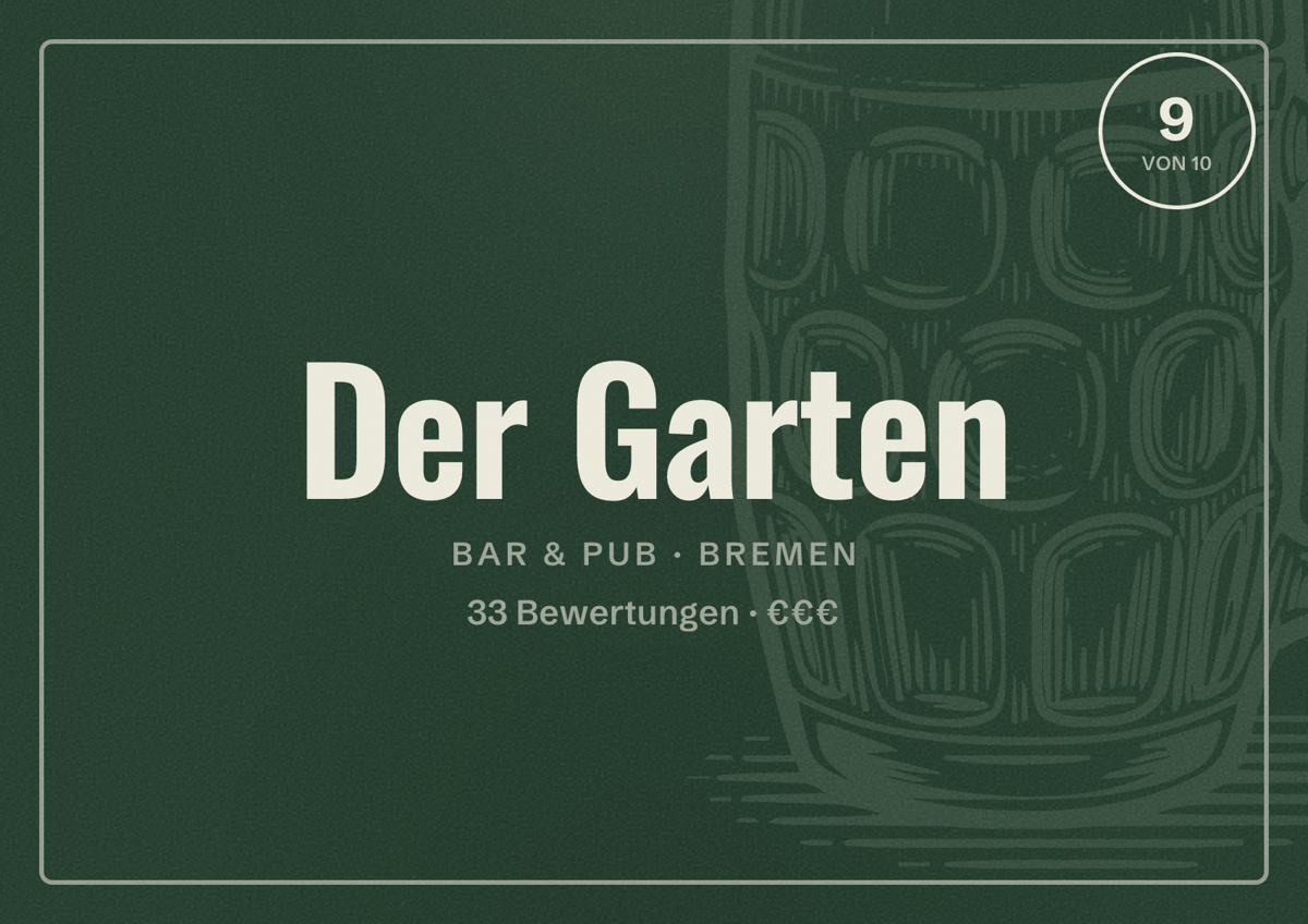Illustriertes Poster von Der Garten, Bar & Pub in Bremen: Bewertung 9 von 10 aus 33 Bewertungen, Preisniveau €€€